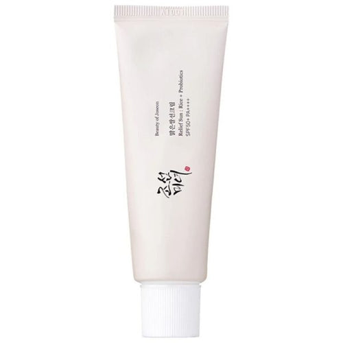 Beauty of Joseon Relief Sun: Rice + Probiotics Sonnencreme, SPF50+ PA++++, weiße Textur in einer 50ml Tube.