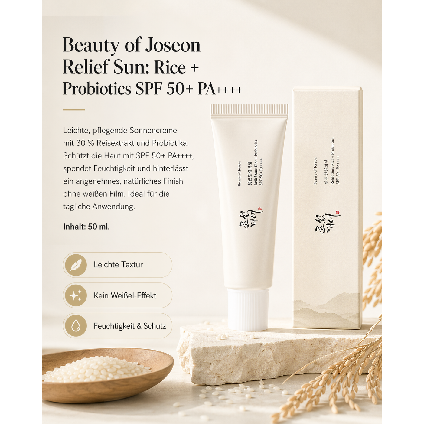 Beauty of Joseon Relief Sun Rice + Probiotics Sonnencreme, SPF50+ PA++++, 50ml, lichtgeschützte Tagespflege in Tubenform