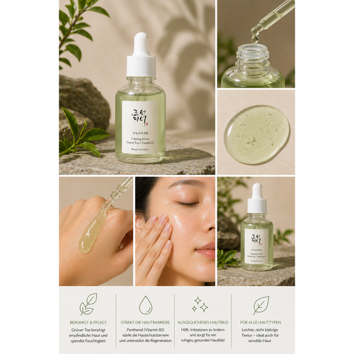 Beauty of Joseon Calming Serum mit grünem Tee und Panthenol, 30 ml, für empfindliche Haut, Flasche mit Pipette.