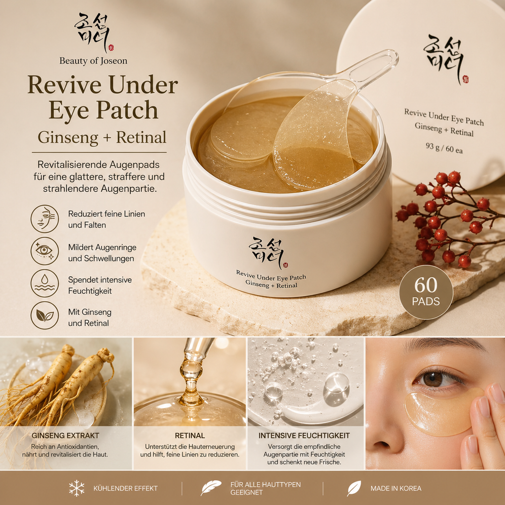 Beauty of Joseon Augenpatches mit Ginseng und Retinal gegen Augenringe und Falten, 60 Stück auf der Verpackung sichtbar