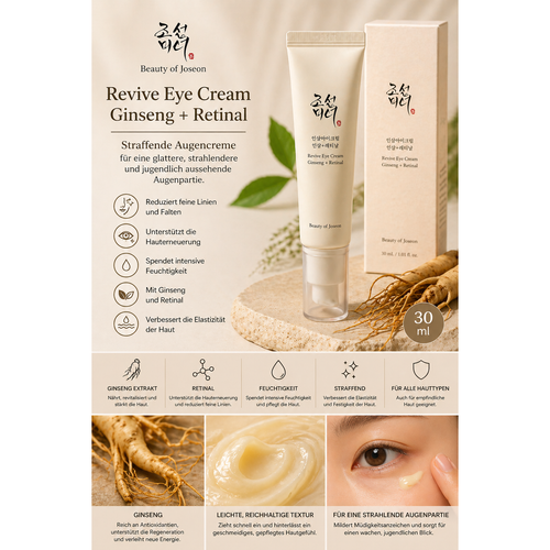 Beauty of Joseon Revive Augencreme mit Ginseng und Retinal gegen Falten und Augenringe, 30 ml, cremige Textur
