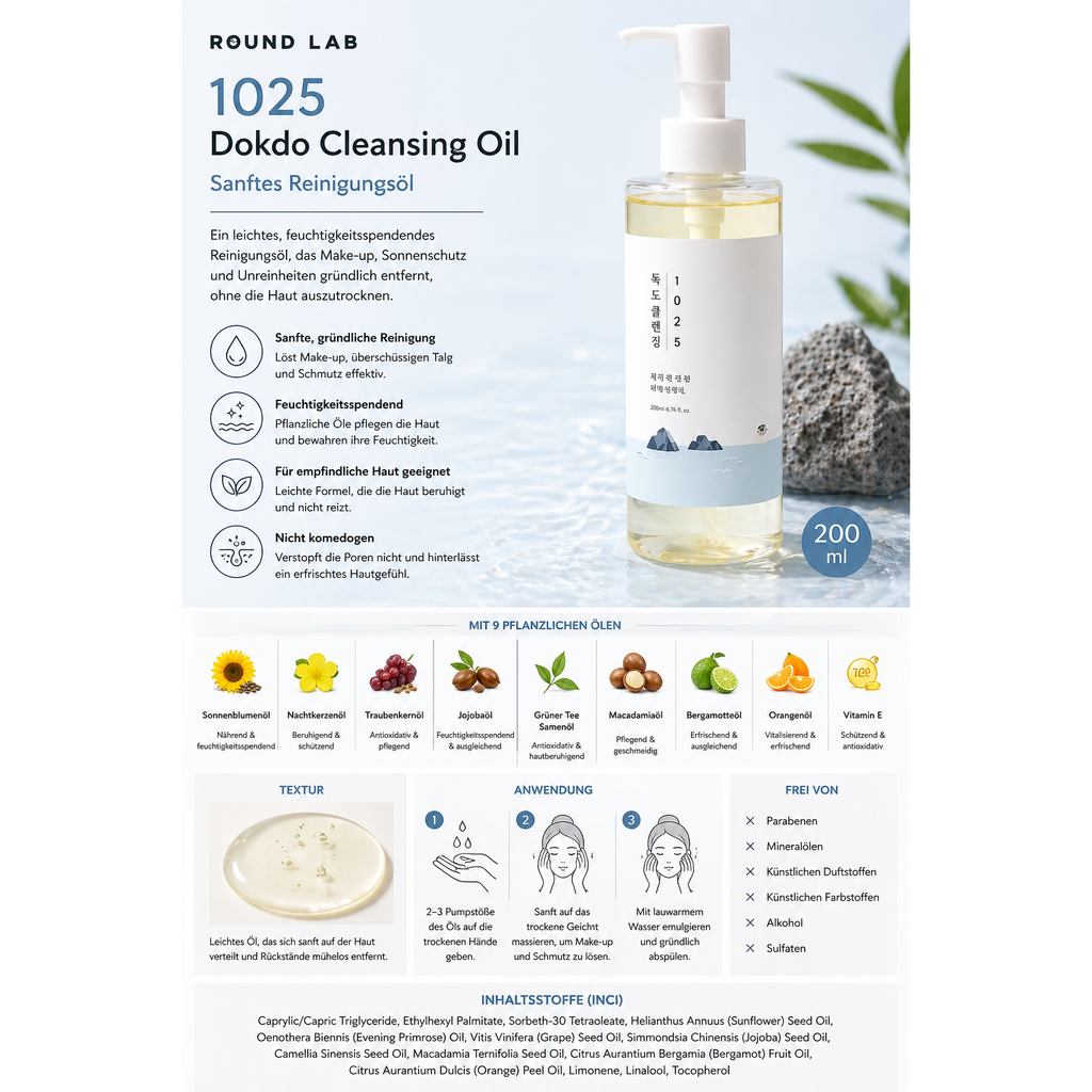Rundes Lab 1025 Dokdo Reinigungsöl mit Tiefseewasser, 200 ml, sanftes Reinigungsöl für die Gesichtshaut, in Flasche abgebildet