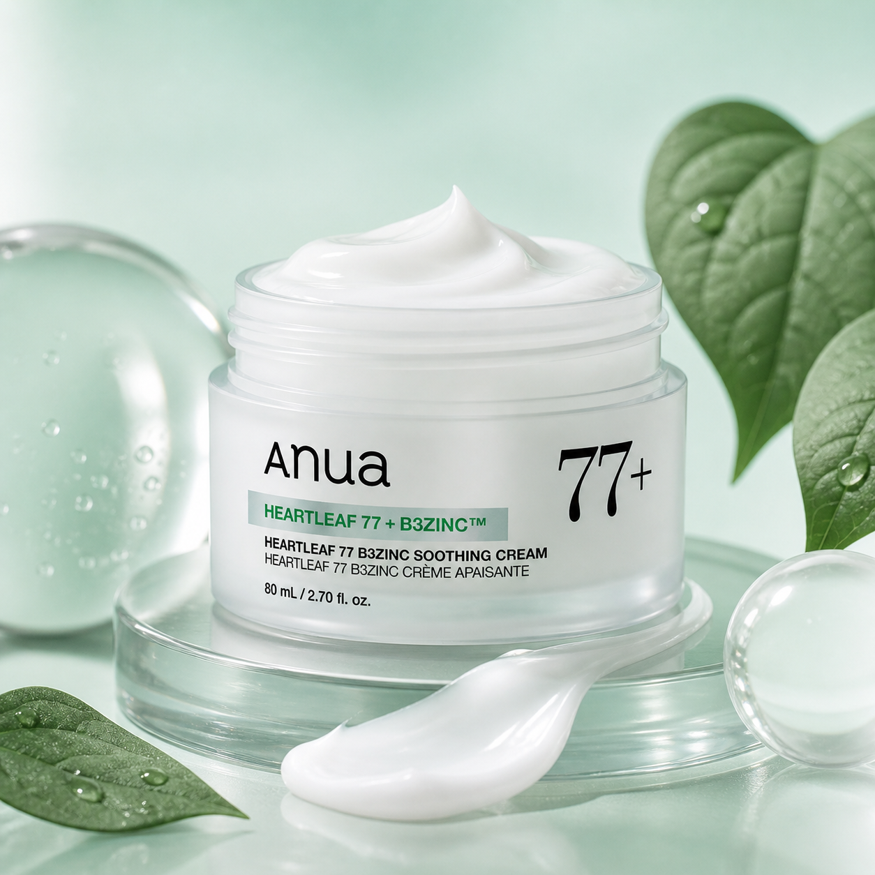 Anua Heartleaf 77 B3Zinc beruhigende Creme für unreine Haut, 80 ml, cremige Textur und pflegende Wirkung sichtbar in der Verpackung