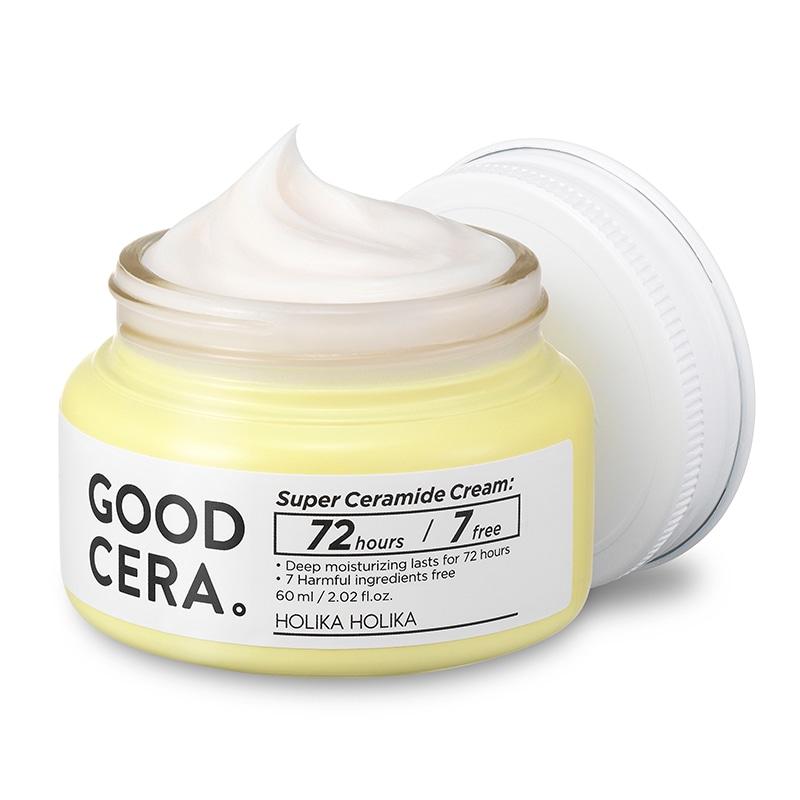 Holika Holika Good Cera Super Ceramide Creme, feuchtigkeitsspendende Barrierestärkende Hautcreme in 60 ml, sichtbare Textur im Glas.
