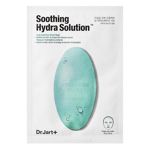 Dr.Jart+ Wasser Jet Beruhigende Hydra Lösung Gesichtsmaske, 25g pro Packung, 5 Stück auf der Produktverpackung liegend