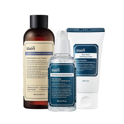 KLAIRS Basic & Best Skincare Set mit Toner, Serum und beruhigende Creme in 180 ml, 80 ml und 60 ml Flaschen auf weißem Hintergrund