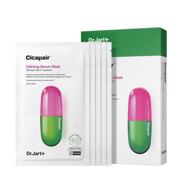Dr.Jart+ Cicapair beruhigende Gesichtsmasken, 5er Pack, zeigen die Masken mit grüner Farbe und Verpackung in der Abbildung.