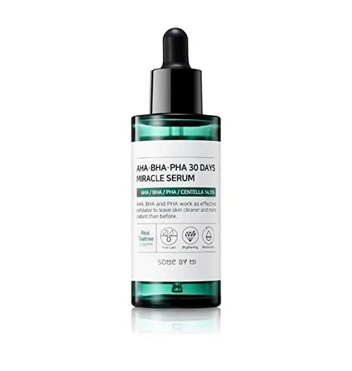 SOME BY MI AHA BHA PHA 30 Days Miracle Serum, Anti-Akne Peeling-Serum mit Teebaum, 50 ml, Flasche vor weißem Hintergrund