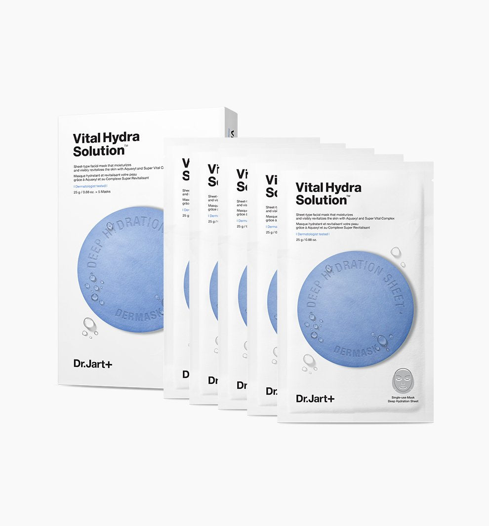 Dr.Jart+ Dermask Vital Hydra Solution Gesichtsmasken im Pack, 5 Stück, feuchtigkeitsspendende Hautpflege, in Verpackung.
