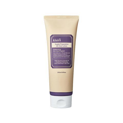 KLAIRS Supple Preparation All Over Lotion, Feuchtigkeitslotion für Gesicht und Körper, 250 ml, cremige Textur, weiße Flasche
