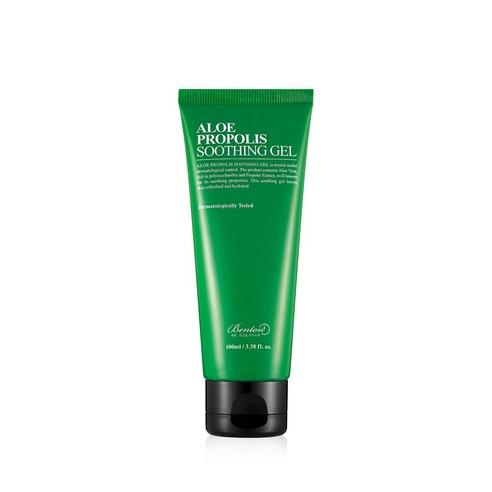 Benton Aloe Propolis Beruhigendes Gel in 100ml, klare Glasflasche mit grünem Deckel, für Hautberuhigung und Feuchtigkeit.