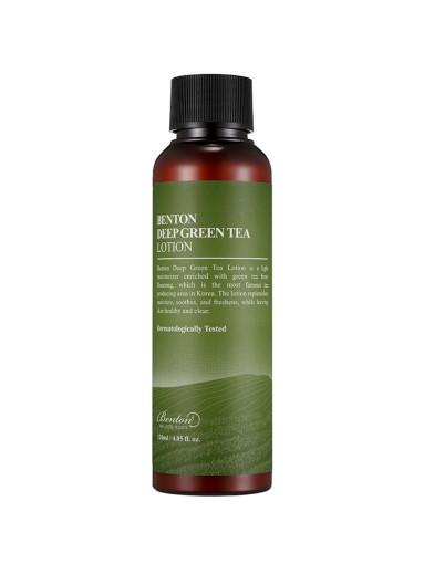 Benton Deep Green Tea Lotion in 120ml Flasche, grüne Verpackung, auf weißem Hintergrund, zeigt die Lotionflasche mit grüner Etikette