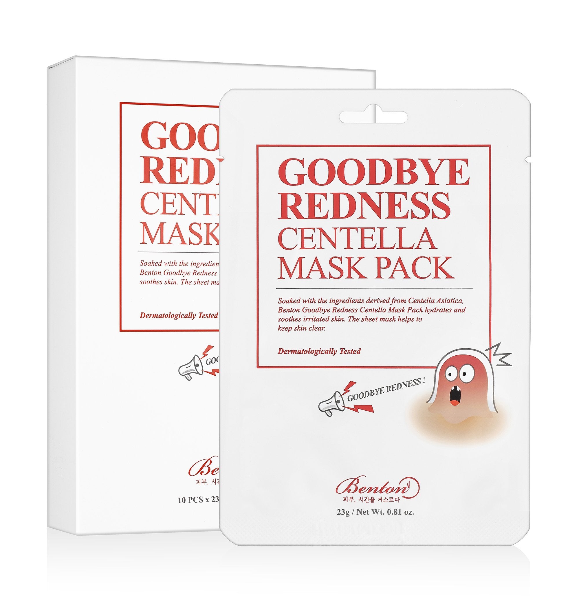 Benton Goodbye Redness Centella Gesichtsmaske, 23g, Verpackung mit 10 Einheiten, beruhigende Hautpflege für Rötungen