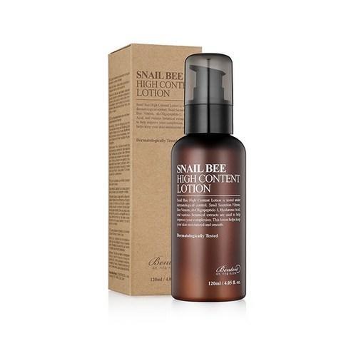 Benton Snail Bee High Content Lotion in einer weißen Flasche, 120ml, mit Pumpverschluss, auf weißem Hintergrund.