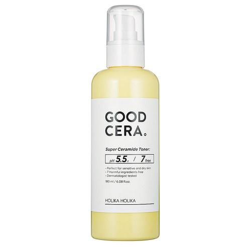 Holika Holika Good Cera Super Ceramide Toner in 180 ml Flasche, feuchtigkeitsspendend für starke Hautbarriere, Nahaufnahme.