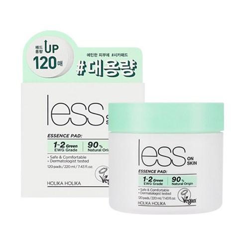 Holika Holika Less On Skin Essence Pad mit 120 beruhigenden Toner-Pads in einer weißen Packung, für die Hautpflege.