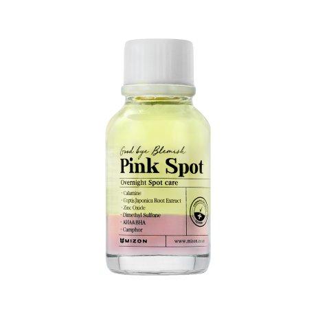 MIZON Good Bye Blemish Pink Spot Essence Flasche mit 15ml, rosa Verpackung, auf weißem Hintergrund, für Hautunreinheiten