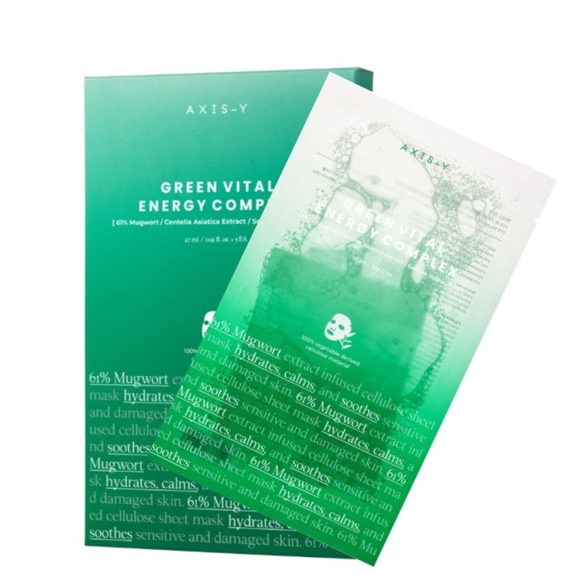 AXIS-Y 61% Beifuß Grün Vital Energie Komplex Gesichtsmaske, 27ml, 5 Stück, entspannende Hautpflege in Verpackung