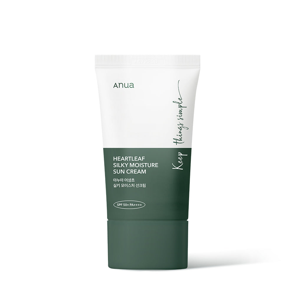 Anua HEARTLEAF Silky Moisture Sunscreen 50ml, cremige Sonnencreme mit leichter Textur und natürlichem Schutz, auf einem weißen Hintergrund