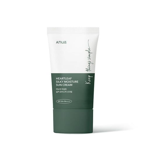 Anua HEARTLEAF Silky Moisture Sunscreen 50ml, cremige Sonnencreme mit leichter Textur und natürlichem Schutz, auf einem weißen Hintergrund