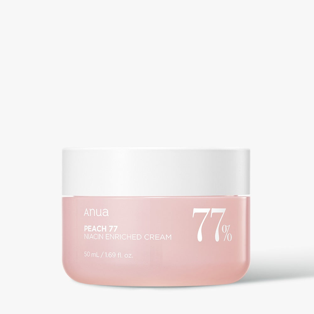 Anua Peach 77 Niacin Aufhellende Feuchtigkeitscreme mit Pfirsich und Niacinamid, 50 ml, cremige Textur in Glasbehälter