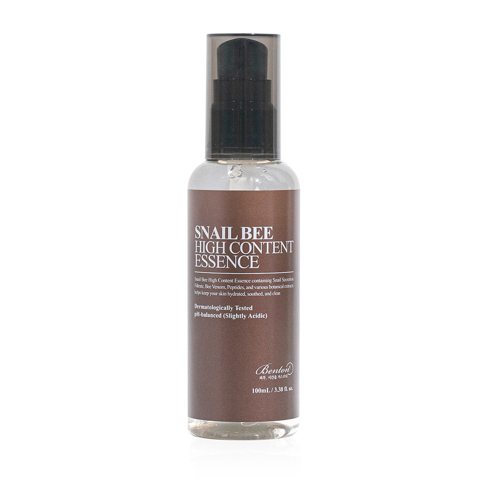 Benton Snail Bee High Content Essence Flasche, 100ml, mit essenziellen Inhaltsstoffen für die Hautpflege, auf weißem Hintergrund