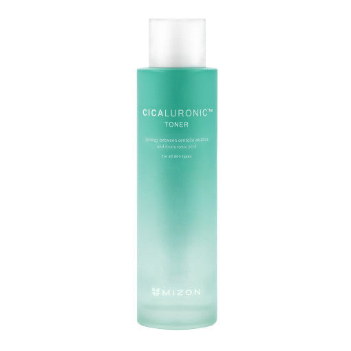 MIZON Cicaluronic Toner in 150ml Flasche, feuchtigkeitsspendendes Gesichtswasser mit Hyaluronsäure, klare Flüssigkeit in Pumpflasche