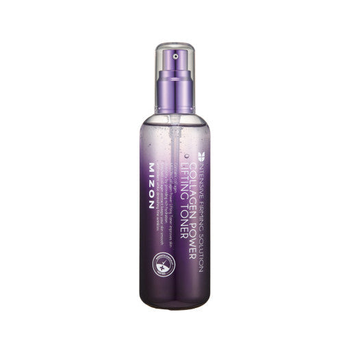 MIZON Collagen Power Lifting Toner 120ml, klare Flasche mit Toner, auf weißem Hintergrund, für straffe Hautpflege.