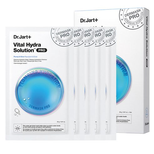 Dr.Jart+ Dermask Vital Hydra Solution Gesichtsmaske, 5 Stück, feuchtigkeitsreiche Hautpflege in Packung mit geöffneten Masken