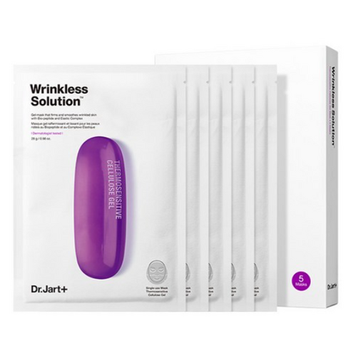 Dr.Jart+ Dermask Wrinkless Solution Gesichtsmasken, 5 Stück, feuchtigkeitsfördernd und anti-Aging, liegend auf einer weißen Oberfläche