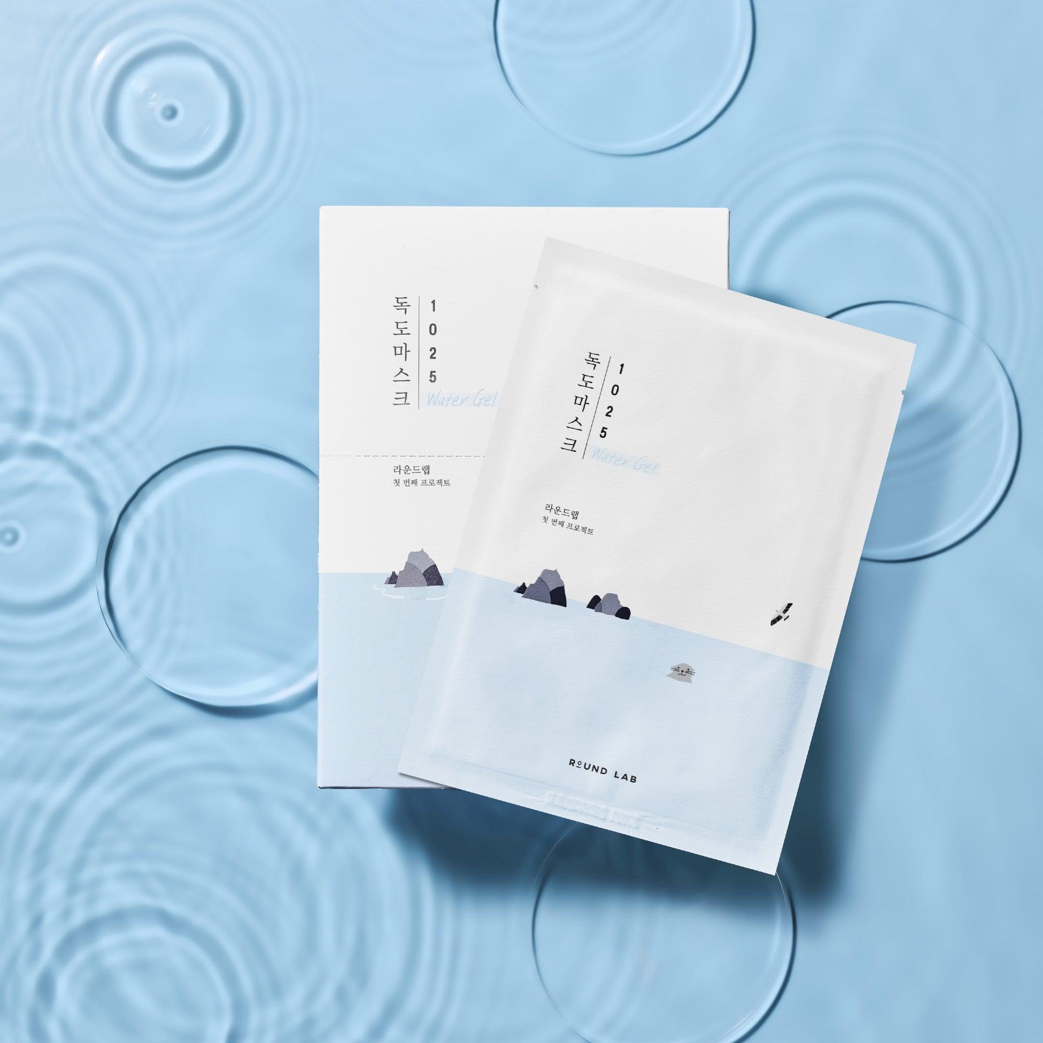 Runde Lab 1025 Dokdo Wasser-Gel-Maske Blatt, 10 Stück, feuchtigkeitsspendende Gesichtsmasken, transparent mit blauer Tönung