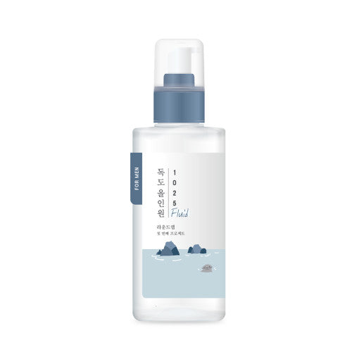 Runde Lab For Men 1025 Dokdo All-in-One Fluid, multifunktionale Männerpflege-Lotion, 200 ml, Nahaufnahme der Flasche.