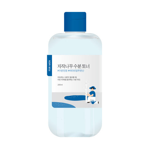 Round Lab Birch Juice Feuchtigkeitstoner für Männer, 200 ml, zeigt die Flasche mit klarem Toner und Birkenelementen auf weißem Hintergrund