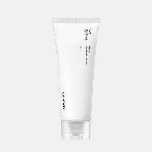 Celimax The Real Noni Refresh Clay Mask in 120g, zeigt die Verpackung und die Textur der Gesichtsmaske aus Ton.