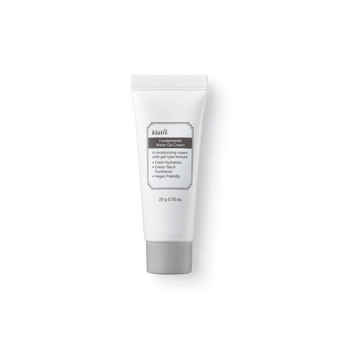 KLAIRS Fundamental Water Gel Cream, leichte Feuchtigkeits-Gelcreme in 20 g für intensive Hautpflege, sichtbar in der Verpackung