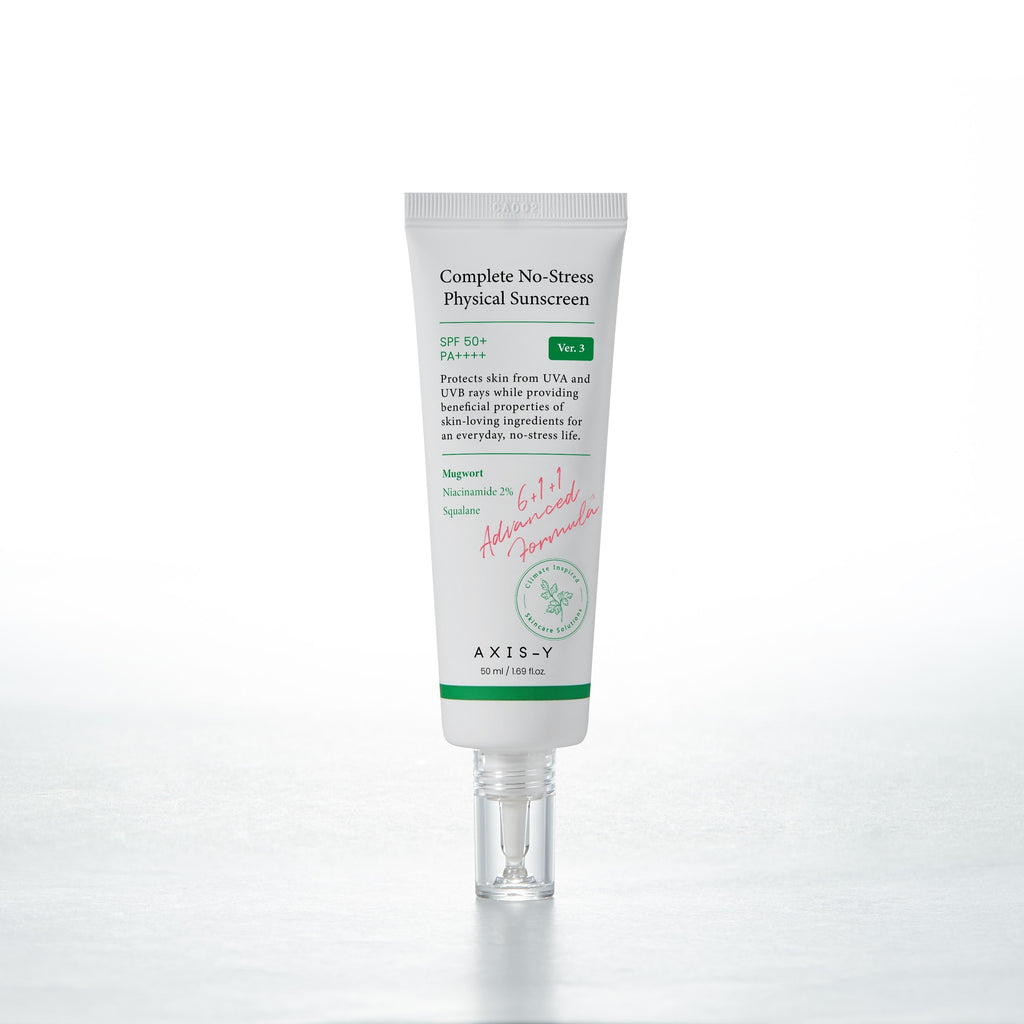 AXIS-Y Complete No-Stress Physical Sunscreen V.3, physischer Sonnenschutz in 50ml Flasche, auf weißem Hintergrund.