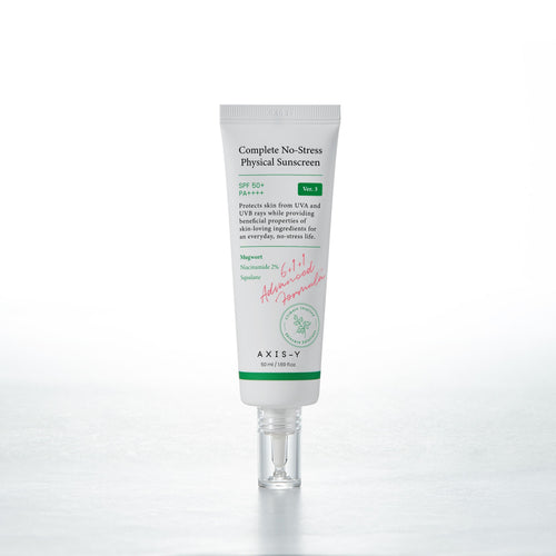 AXIS-Y Complete No-Stress Physical Sunscreen V.3, 50ml, Sonnencreme mit physischer UV-Schutz, auf weißem Hintergrund.