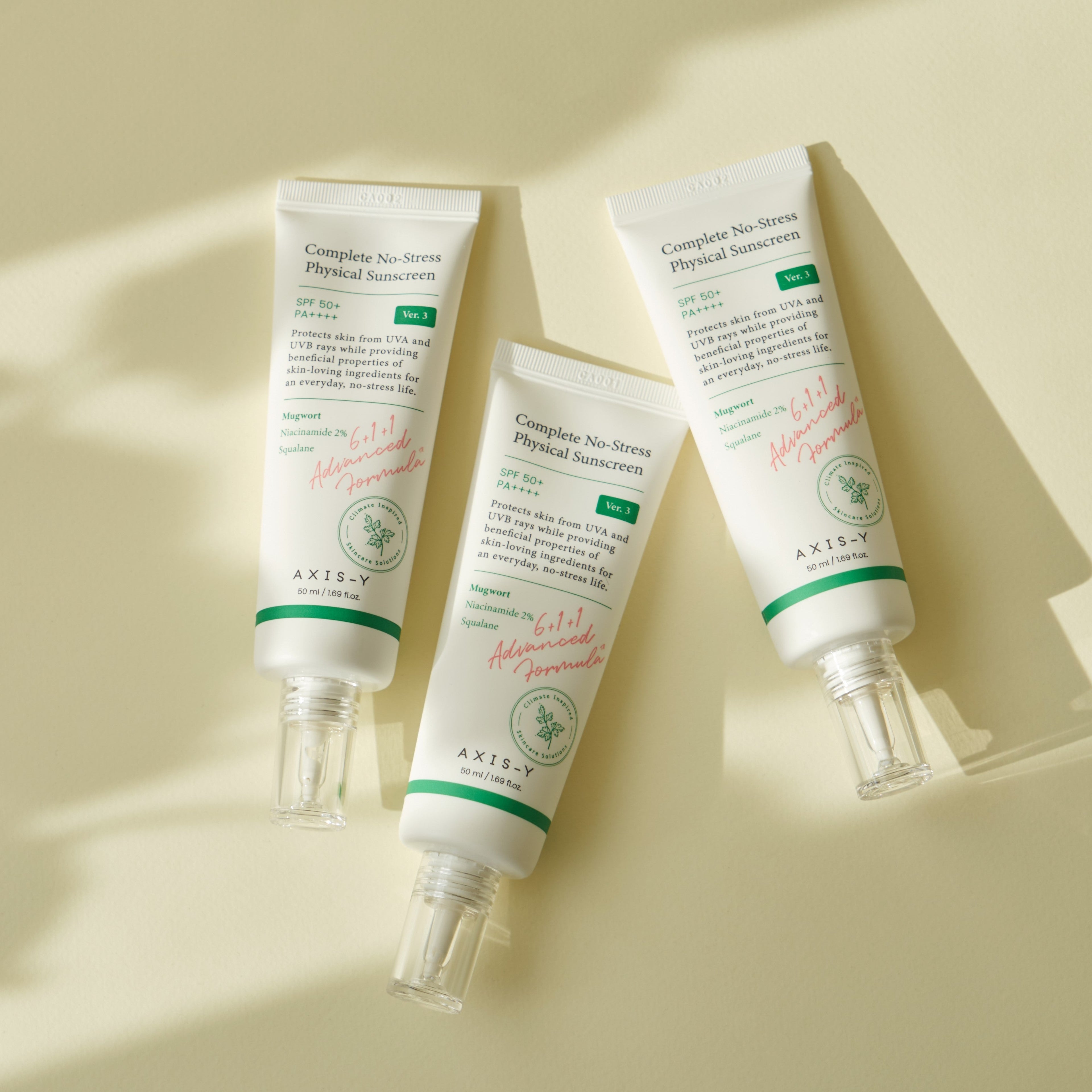 AXIS-Y Complete No-Stress Physical Sunscreen V.3, 50ml, natürliche Sonnenschutzcreme in einer weißen Tube mit blauer Verpackung