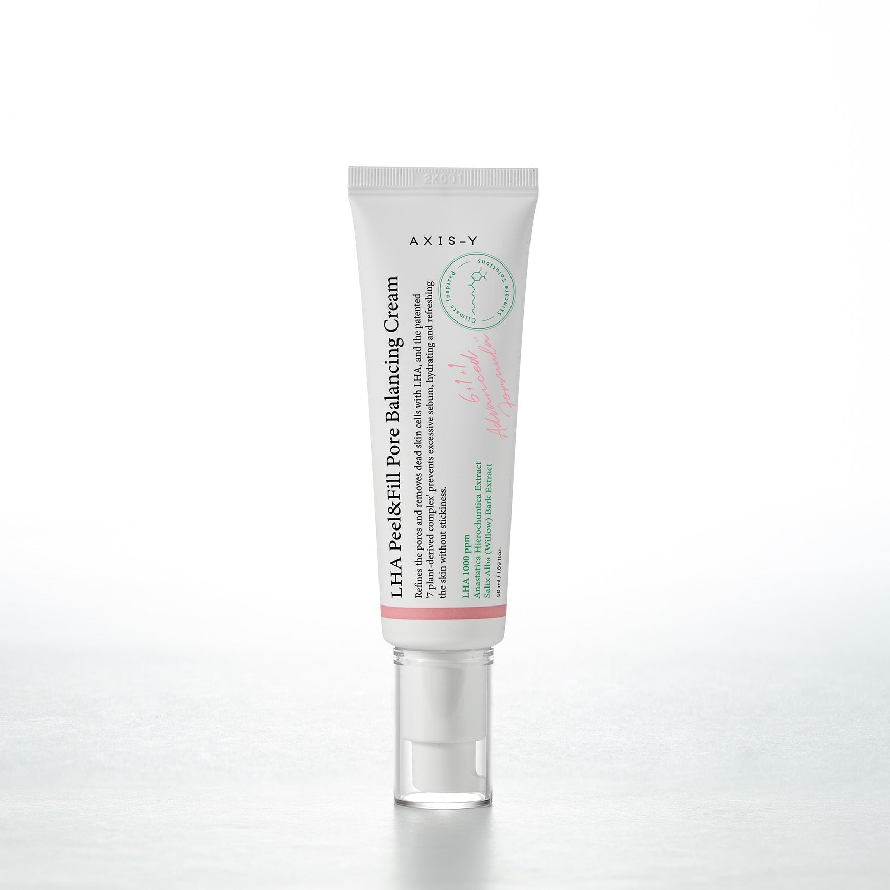 AXIS-Y LHA Peel & Fill Pore Balancing Creme, 50ml, in einer geöffneten Cremeverpackung mit sichtbarer Textur und Spachtel.
