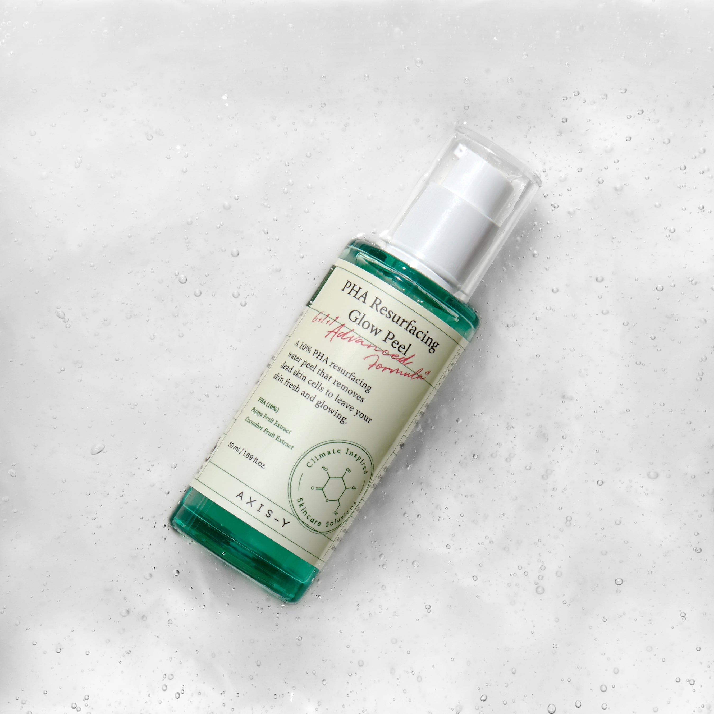 AXIS-Y PHA Resurfacing Glow Peel Reiniger in 50ml, sichtbare Flasche mit weißem Pumpenspender und Produktbeschreibung auf der Verpackung