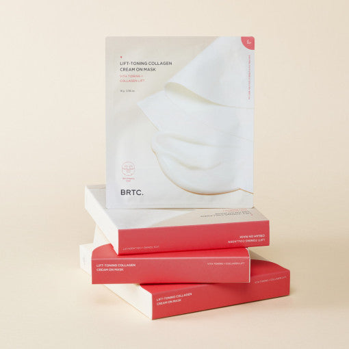 BRTC Lift-Toning Collagen Creme auf Maske, 5er Pack, feine Textur, für straffe, jugendliche Haut, auf der Verpackung abgebildet