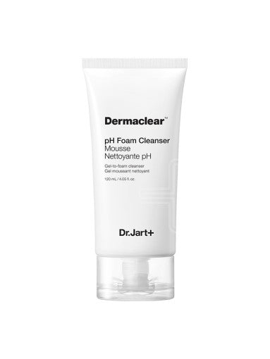 Dr.Jart+ Dermaclear pH Foam Cleanser, 120ml, schäumender Gesichtsreiniger für reine, ausgeglichene Haut, auf weißem Hintergrund.