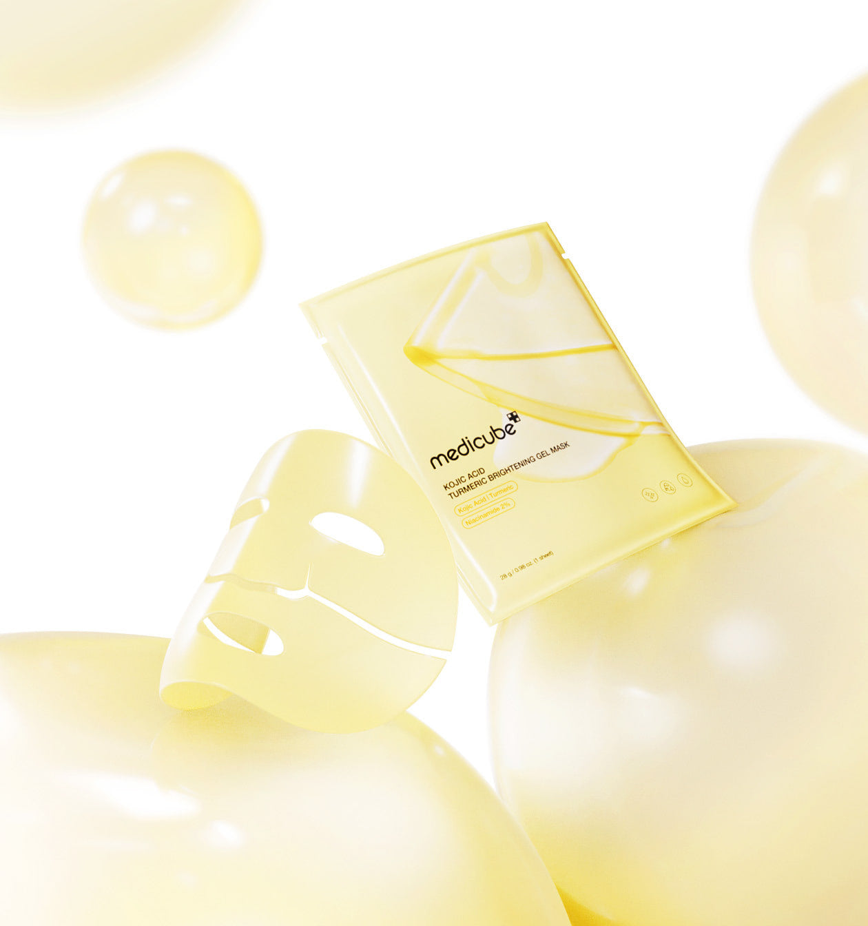 medicube Kojic Acid Kurkuma aufhellende Gelmaske gegen Pigmentflecken, 4 Stück, 28 g, sichtbar auf der Verpackung
