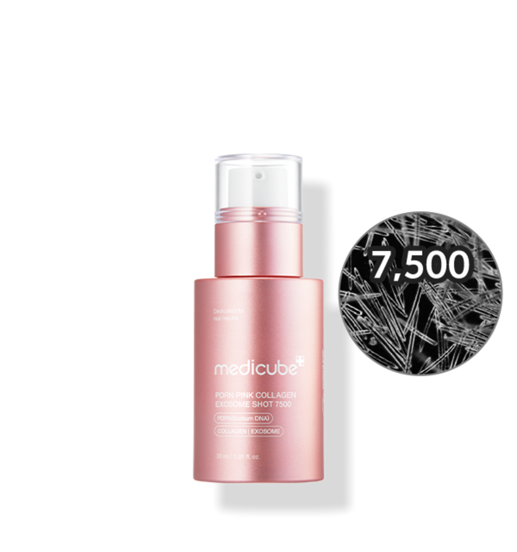 medicube PDRN Pink Collagen Exosome Shot 7500, Glas-Skin-Ampulle mit PDRN und Exosomen, 30 ml, glänzende Ampulle auf weißem Hintergrund