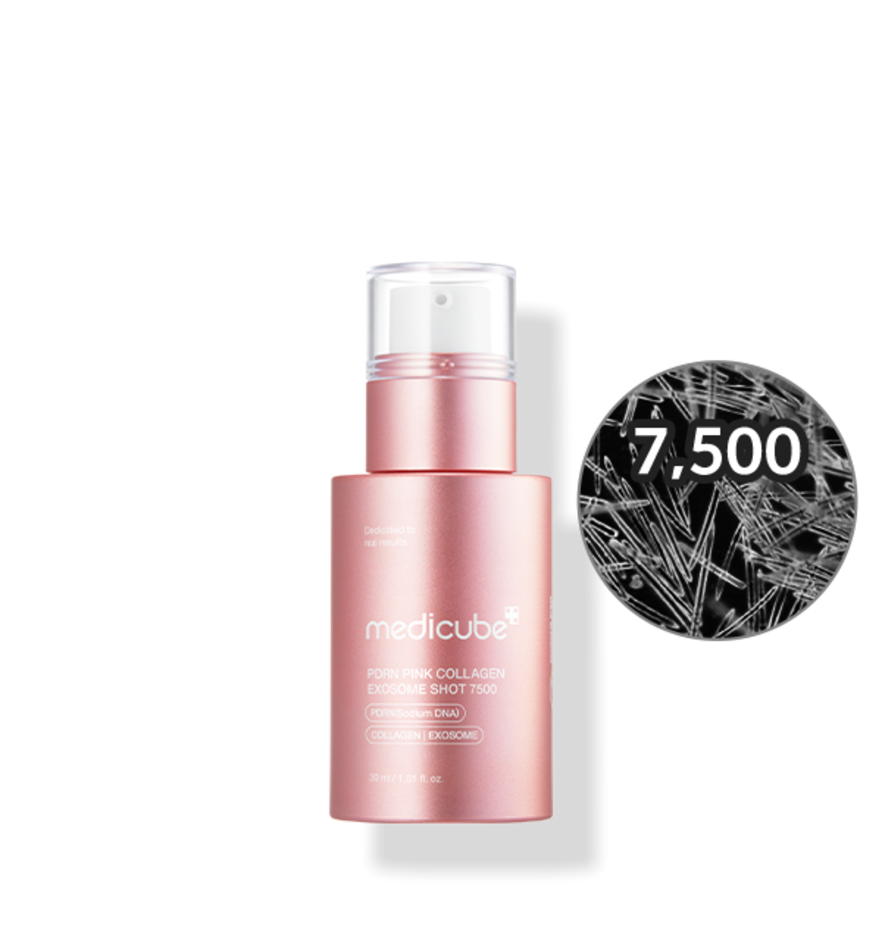 medicube PDRN Pink Collagen Exosome Shot 7500, Glas-Skin-Ampulle mit PDRN und Exosomen, 30 ml, glänzende Ampulle auf weißem Hintergrund