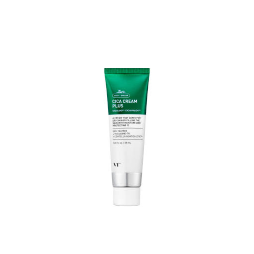 VT Cica Cream Plus in 30ml, cremige Textur, weiße Verpackung mit grünem Logo, ideal für empfindliche Haut