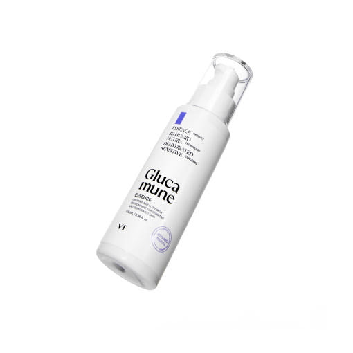VT Glucamune Essence 100ml, klare Flasche mit hellgelber Essence, zeigt das Produkt in einer eleganten Verpackung.