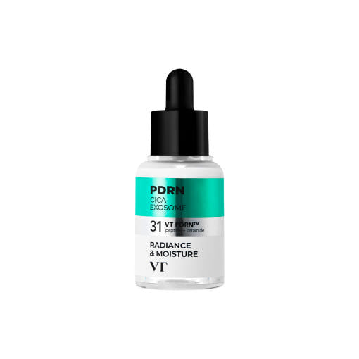 VT R5 PDRN straffende Ampulle, 30ml, mit feuchtigkeitsspendender Formel für festere Haut, sichtbar in der Flasche.