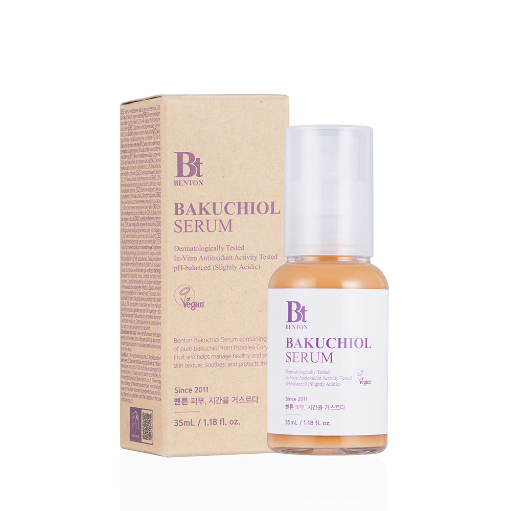 Benton Bakuchiol Serum 35ml Flasche mit Tropfvorrichtung, sichtbare Produktbeschreibung und Label auf der Verpackung