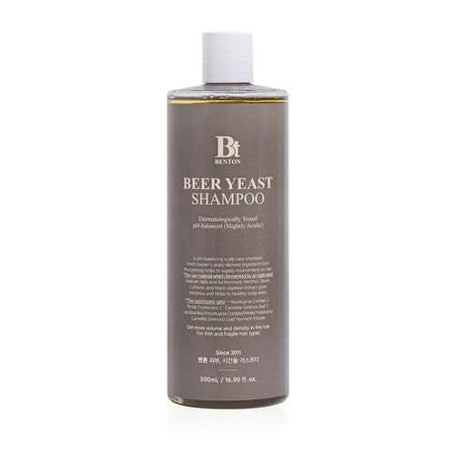 Benton Beer Yeast Shampoo Flasche 500ml, Shampoo mit Bierhefe für kräftiges, gesundes Haar, auf weißem Hintergrund.